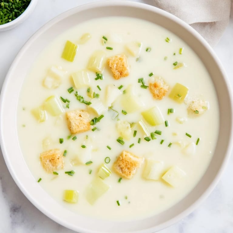 Homemade Potato Leek Soup, a comforting and flavorful vegetarian soup, ideal for a chilly evening.