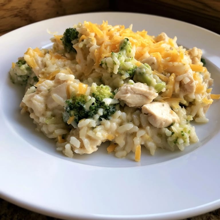 A close-up view of creamy, comforting Chicken & Broccoli Rice Casserole with a crispy breadcrumb topping.
