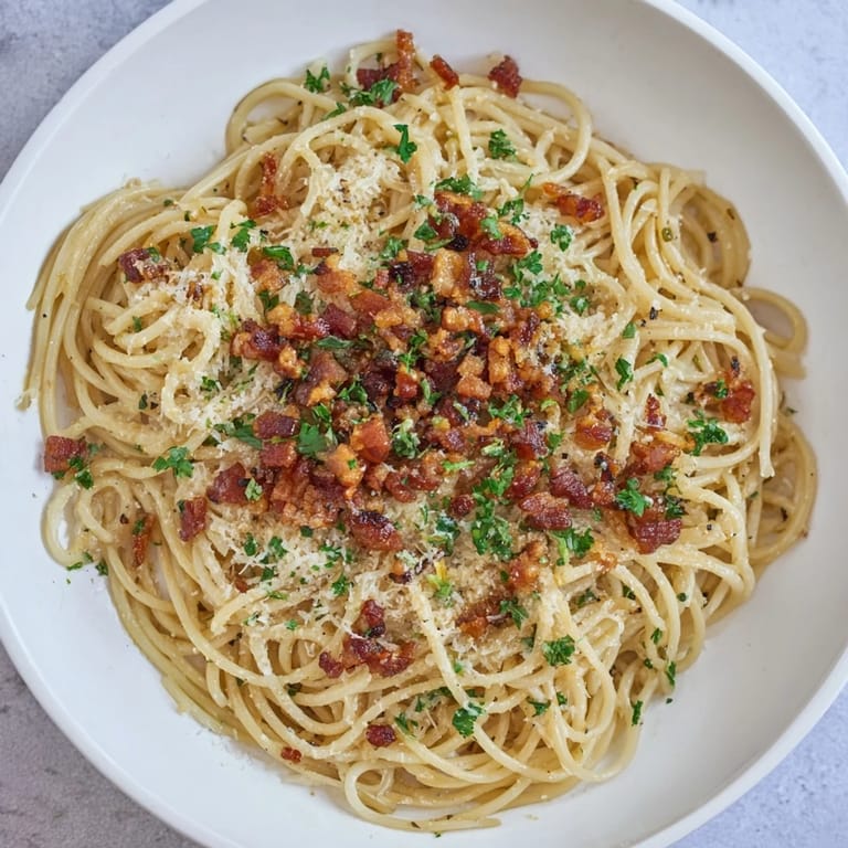Imagine savoring the flavorful Garlic Butter Pasta with Crispy Bacon Crumble, speckled with bacon and cheese.