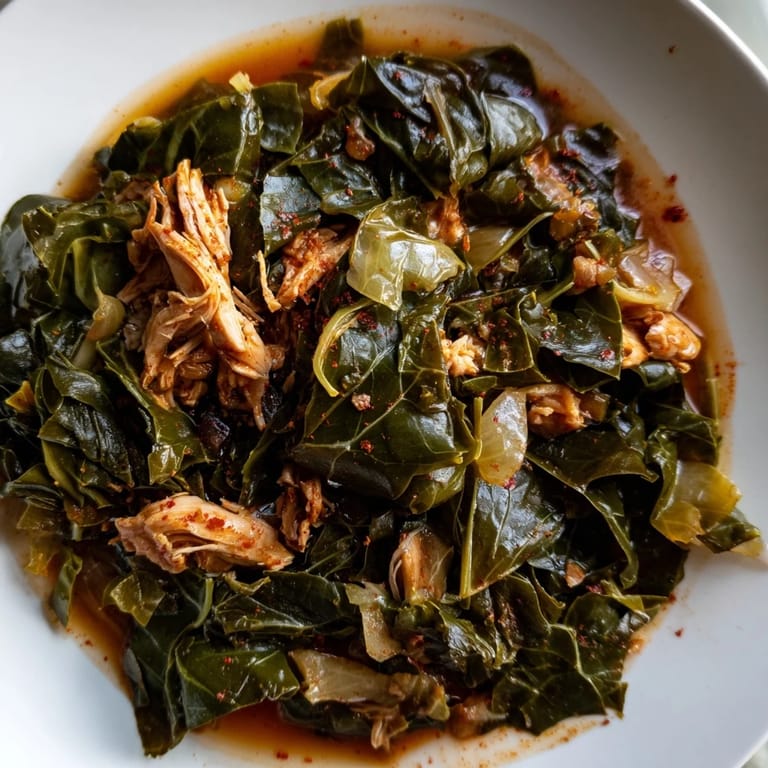 Savory Southern style collard greens with smoked turkey: imagine the rich broth and soft greens.