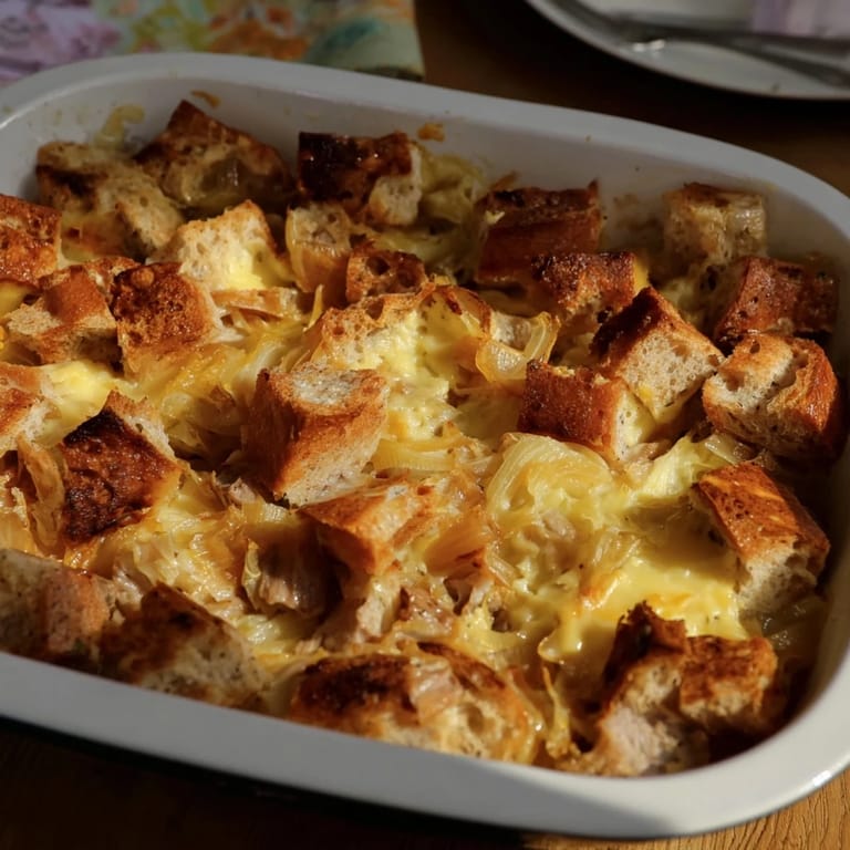 A delicious close-up reveals the cheesy, toasted bread topping of this French Onion Pot Roast Casserole.