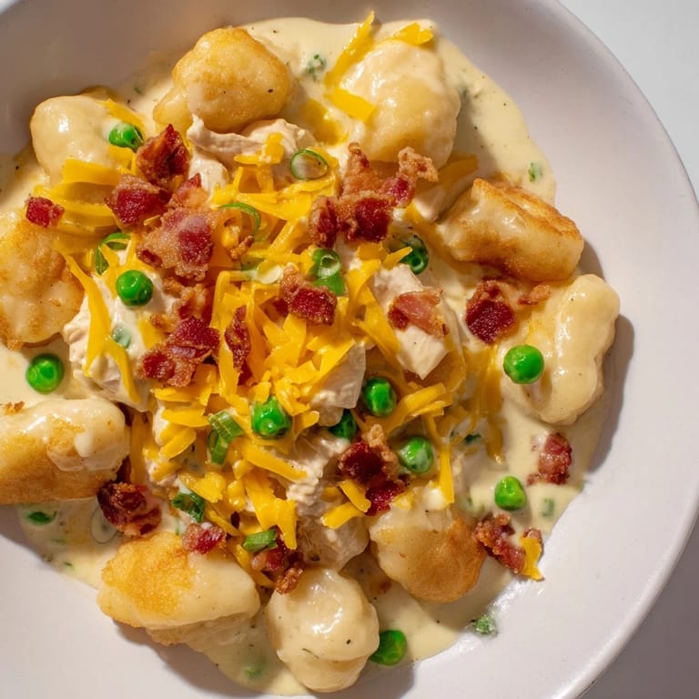 Close-up of Creamy Crack Chicken Gnocchi, a comforting meal of gnocchi, chicken, and flavorful, creamy sauce.