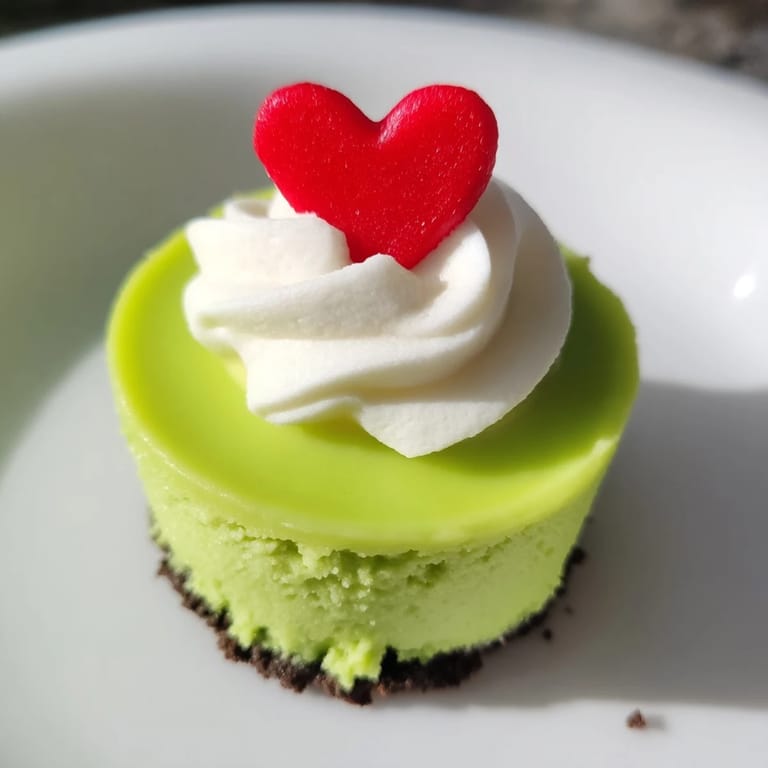 Festive Grinch mini cheesecakes: creamy green filling set in an Oreo crust, perfect holiday treats.