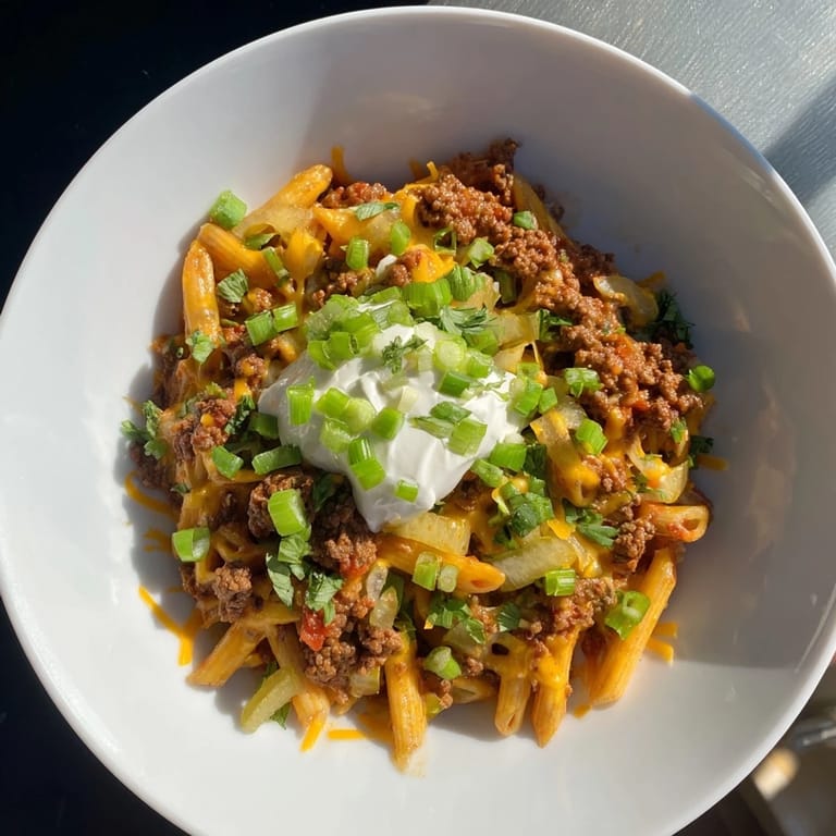 Quick weeknight meal of easy beef enchilada pasta, with melted cheddar and creamy sour cream.
