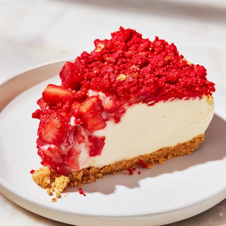 Close-up of a decadent strawberry shortcake cheesecake, showcasing its layered, delicious textures.