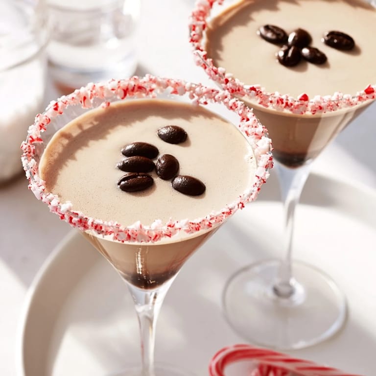 Festive Peppermint Espresso Martini, with a chocolate rim and espresso beans, so visually appealing.