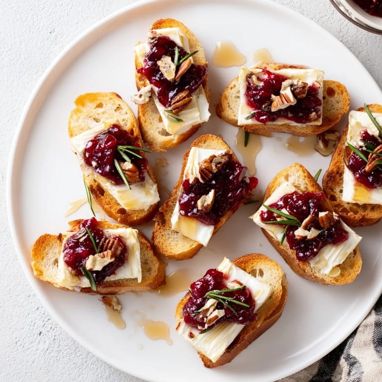 Warm, cheesy Quick Cranberry Brie Crostini with a sweet and tangy cranberry topping, ready to be enjoyed.