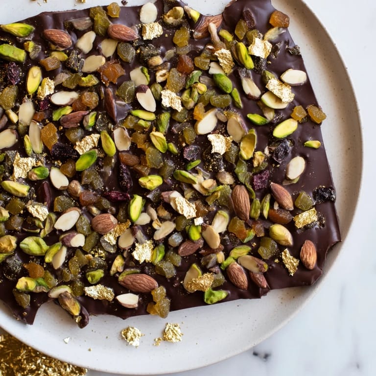 Sweet dried fruits and crunchy nuts atop the decadent Dubai Chocolate Bark dessert, a visual delight.