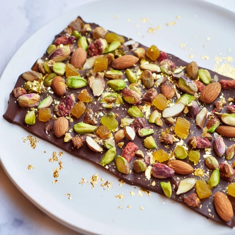 Rich chocolate bark inspired by Dubai, loaded with pistachios and golden raisins, a delicious treat.