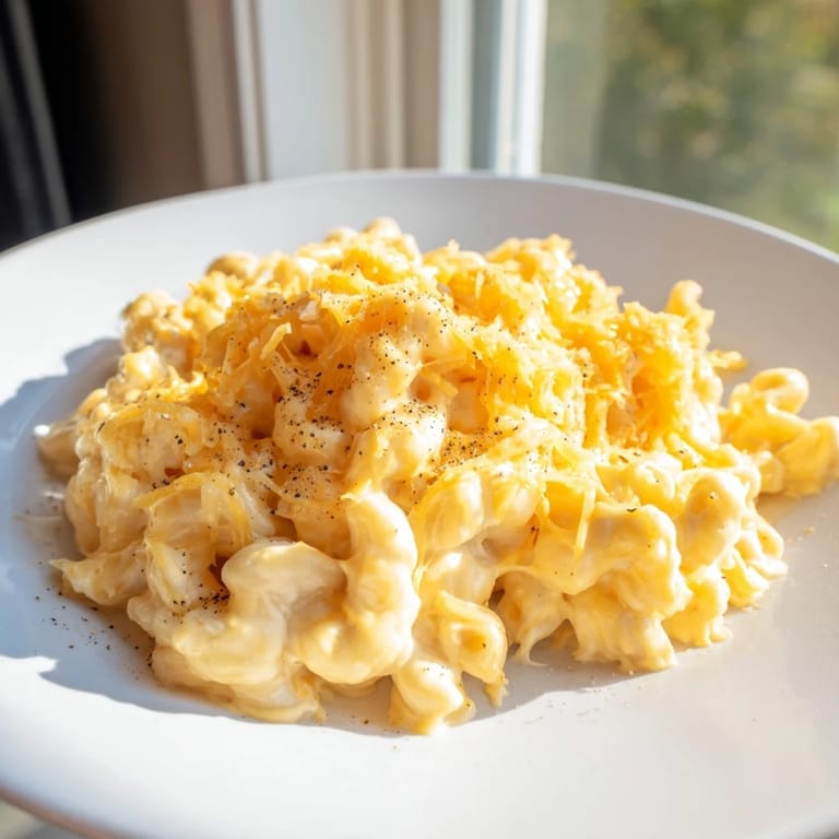 A steaming bowl of Easy Tinis Mac & Cheese, with a sprinkle of breadcrumbs, ready to enjoy.