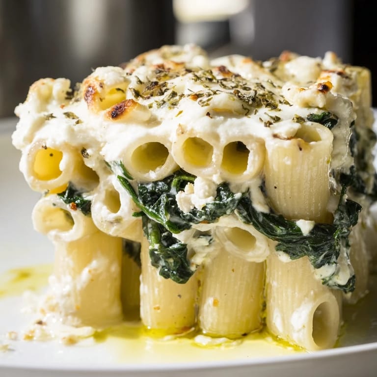 A close-up view of bubbly Whipped Ricotta & Spinach Baked Pasta, with soft spinach peeking through.