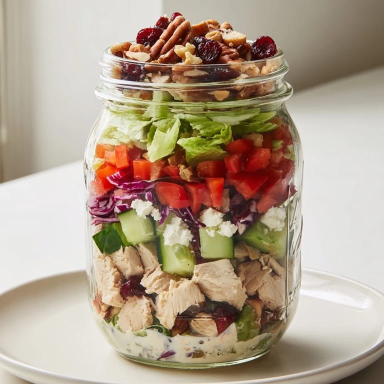 Beautifully prepared Layered Holiday Chopped Chicken Salad Jars with chicken, vegetables, and cranberries, ready to serve or store.