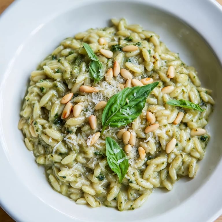 This photo displays a steaming bowl of 15-Minute Creamy Pesto Risoni, garnished with fresh basil.