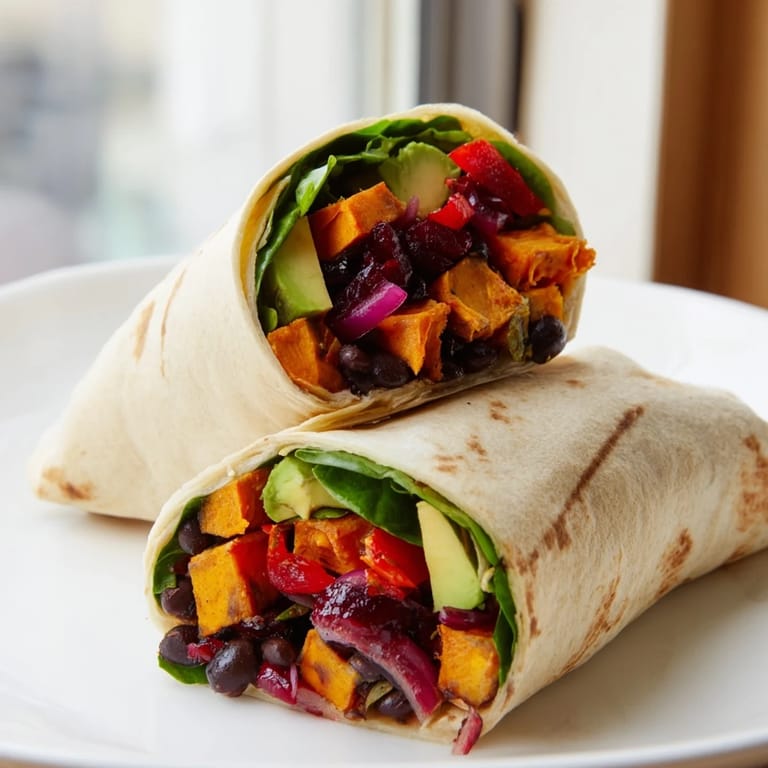 Golden roasted sweet potatoes and black beans inside a delicious Holiday Wrap with savory spices.
