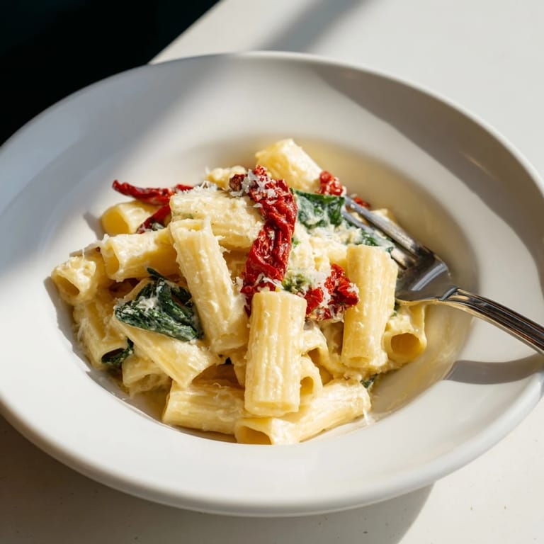 A steaming bowl of Creamy Sun-Dried Tomato Spinach Cottage Cheese Pasta, perfect for a cozy supper.