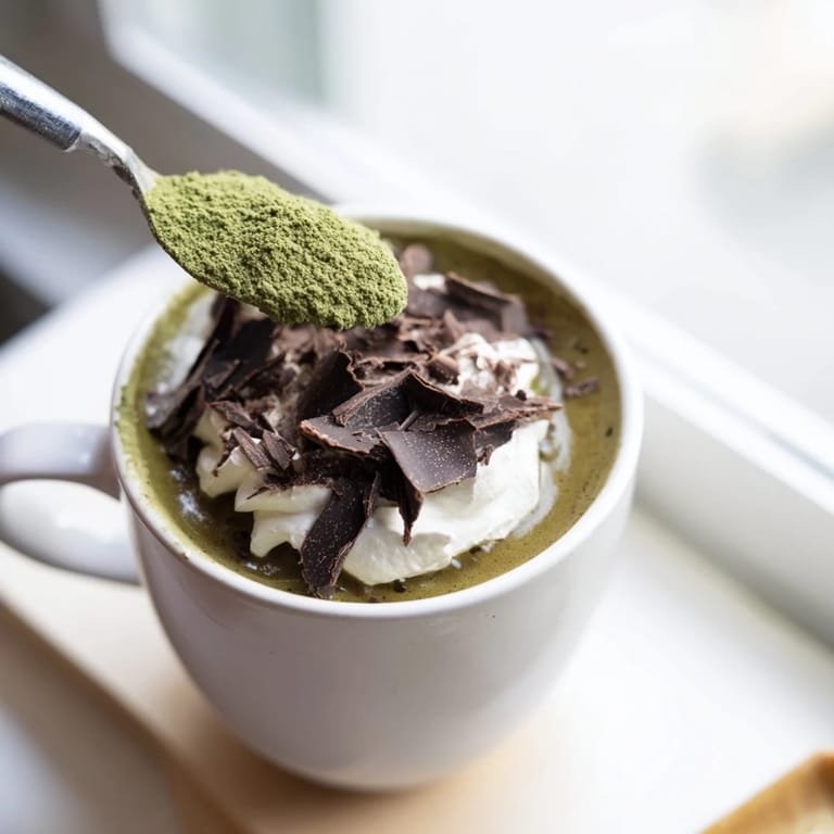 Enjoy a warm matcha hot cocoa protein mug, showcasing rich chocolate and matcha powders blending.