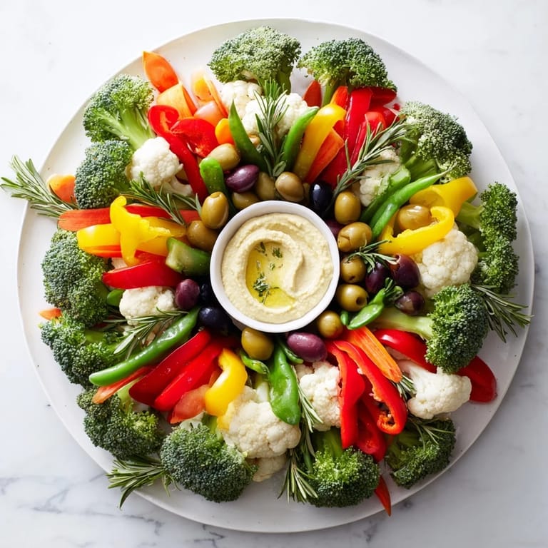Fresh herbs accent the stunning Garland Veggie Wreath, perfect for a holiday appetizer with flavorful dips.