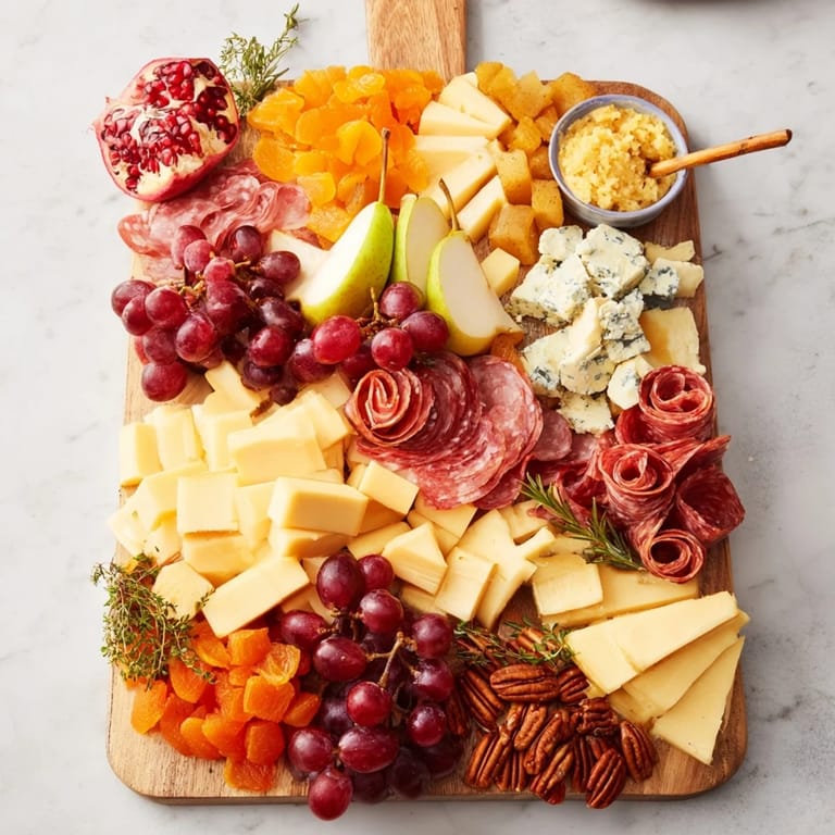 Sleigh Ride Charcuterie board, with aged cheddar, brie, and prosciutto, ready to serve for a winter gathering.