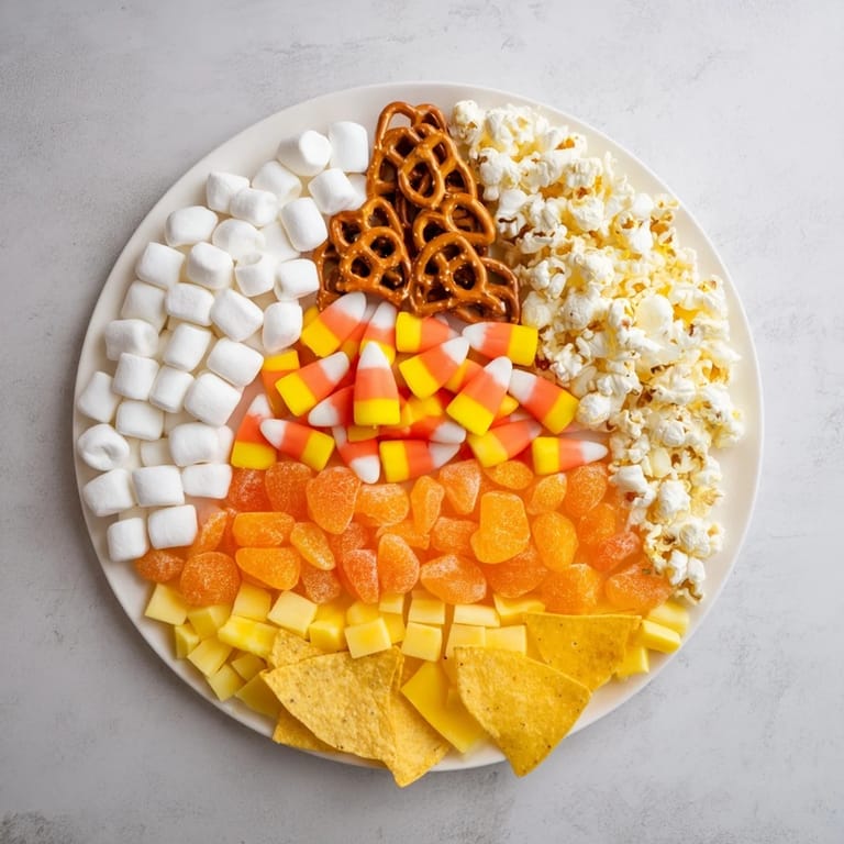 Festive Candy Corn Spooky Board with a variety of snacks, perfect for a spooky Halloween gathering.