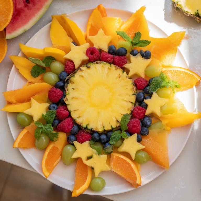 Bright oranges, green grapes, and blueberries create a lively Summer Rays sun-shaped fruit platter for sharing.