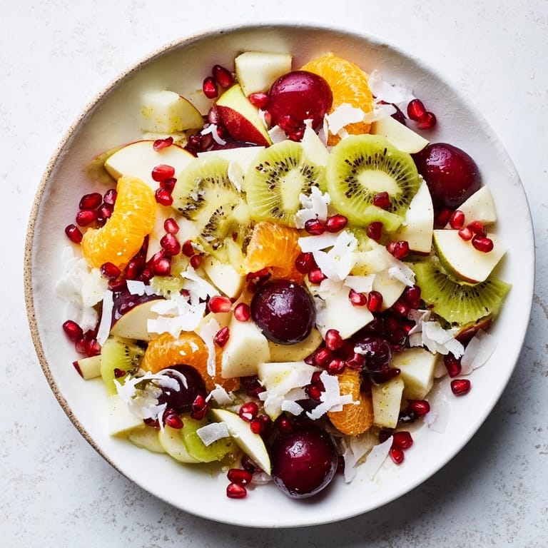 Brightly arranged Snowflake Fruit Medley features segmented oranges, pomegranate, and kiwi, perfect for a fresh dessert.