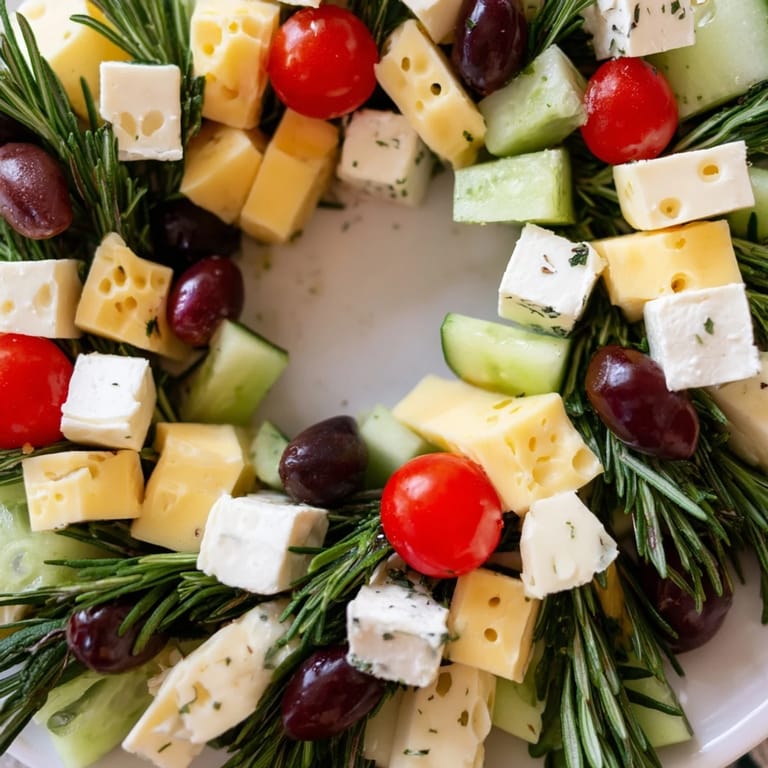 A beautiful Cheese & Olives olive wreath, featuring olives, cheeses, and rosemary sprigs.