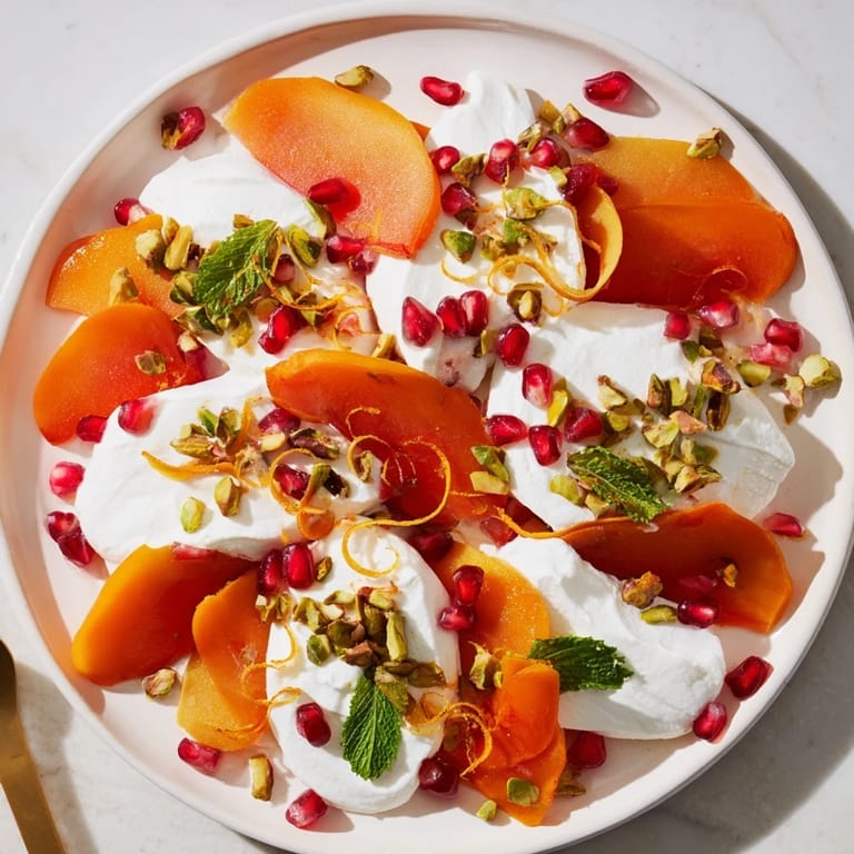 Vibrant Winter Fruit dessert: This persimmon and pear snowscape boasts ruby pomegranate seeds and crunchy pistachios.