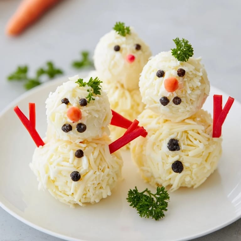 Holiday-themed Snowman Cheese Ball Trio decorated with carrot noses, pretzel arms, and pepper eyes looking festive.