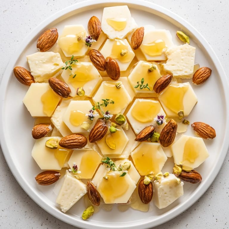 Elegant Honeycomb Hexagon Maze made with cheese, nuts, and a sweet honey drizzle, perfect for sharing.