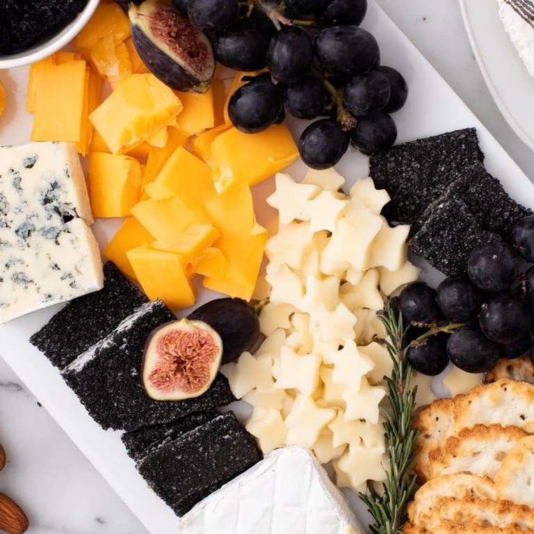 A rustic Crescent Moon & Stars Cheese Board displaying creamy cheeses, fruits, and crackers perfect for entertaining guests.