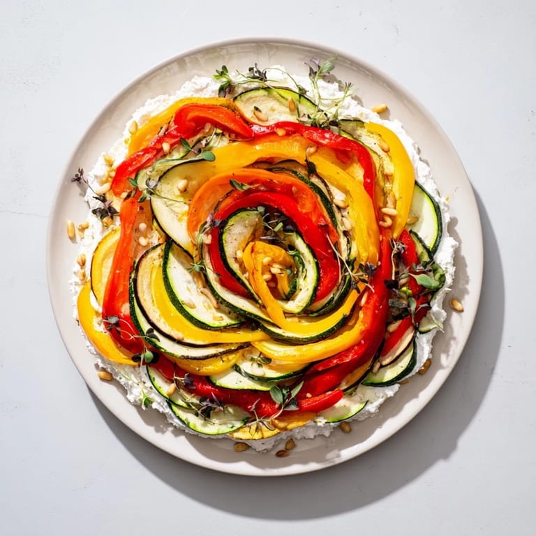 Aromatic The Snail Shell Spiral, a vegetarian dish, showcases thinly sliced zucchini and eggplant with goat cheese.