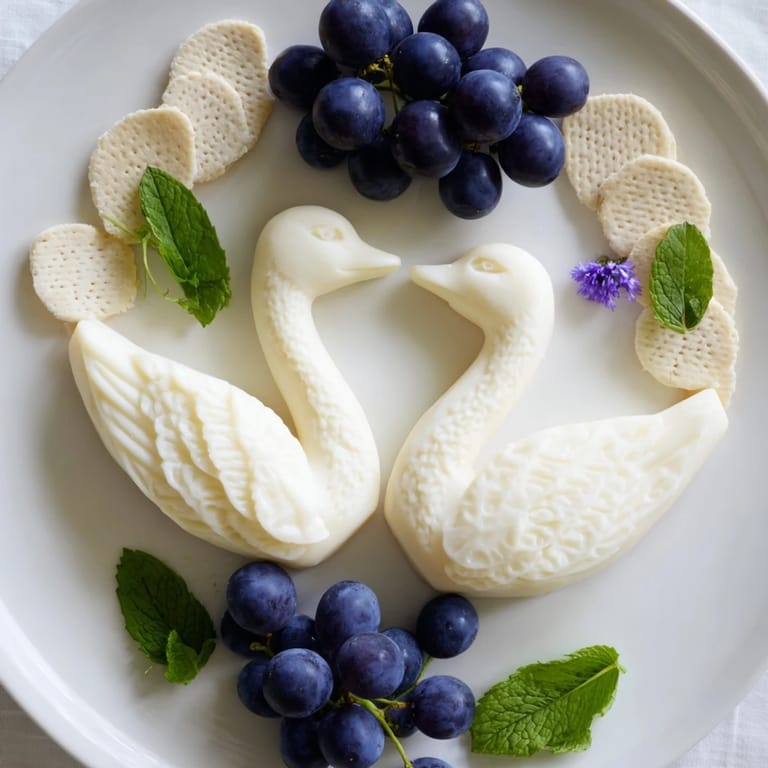 A beautiful Elegant Swan Lake Board, showcasing cheese swans floating in a sea of grapes and crackers.