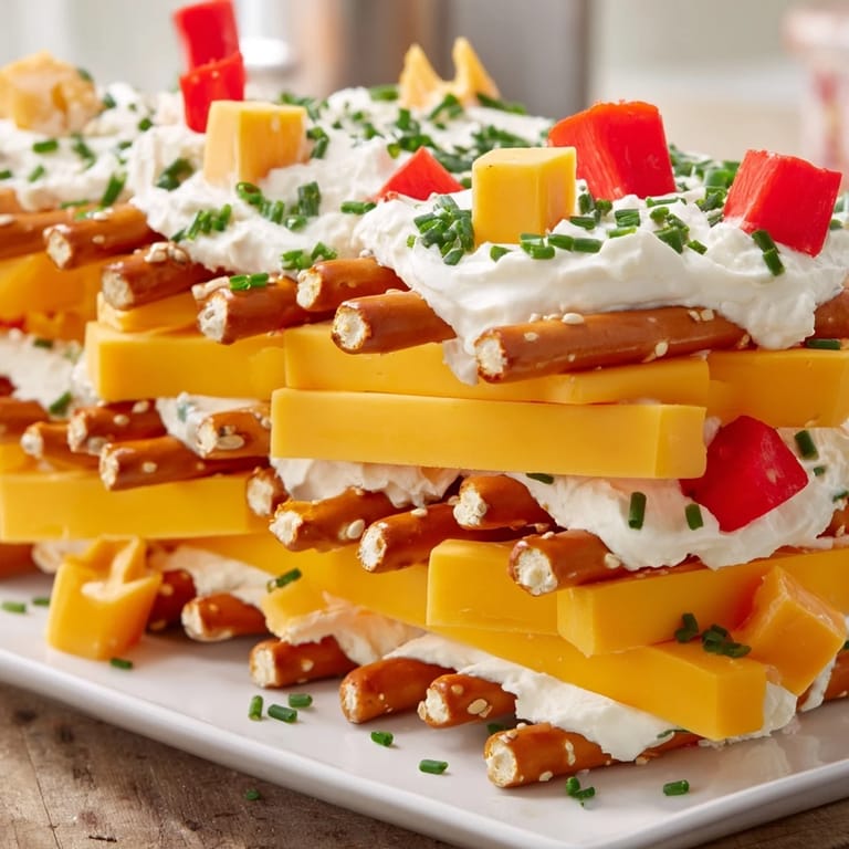 Delicious cheese and pretzel slices make up this inviting rustic log cabin party snack.