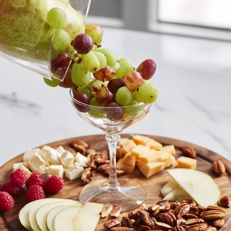This vibrant Champagne Waterfall Board presents a delightful spread of savory cheeses and fresh fruit.