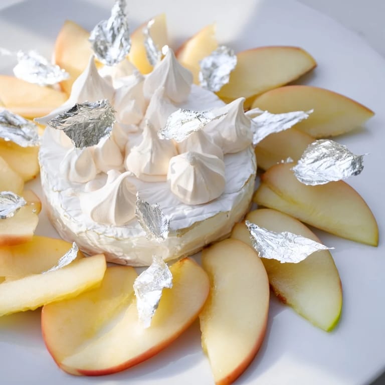 Celebrate with The Pearly Gates cheese board showcasing creamy brie and beautiful edible silver leaf garnish.