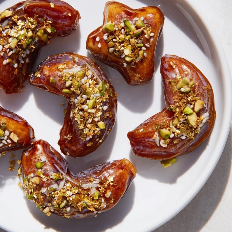 Festive Lunar and Star Date Platter with golden honey-glazed dates, perfect for special occasions with nutty filling.