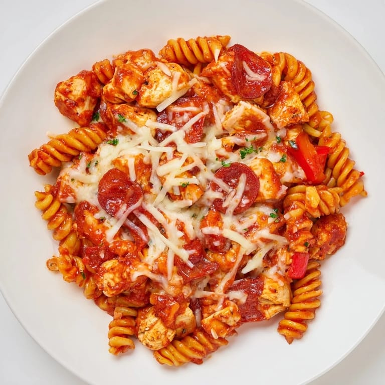 Golden brown, bubbly cheese tops this tempting One-Pan Pizza Pasta, ready to warm your plate.