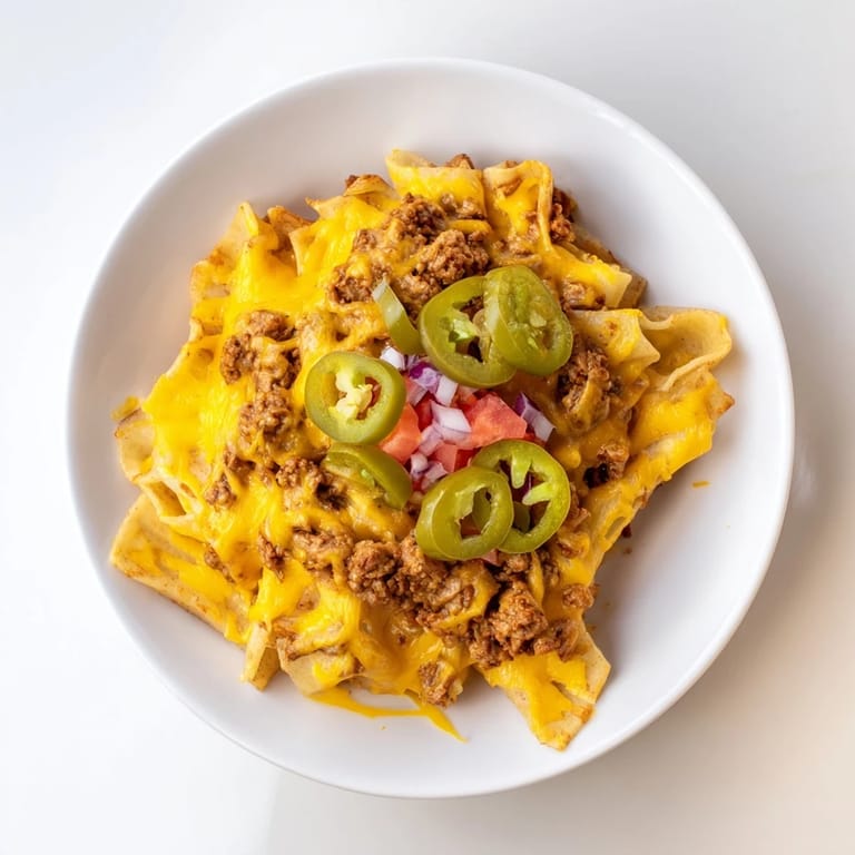 A close-up of cheesy Pasta Chip Nachos, a flavorful Tex-Mex appetizer ready to be enjoyed.