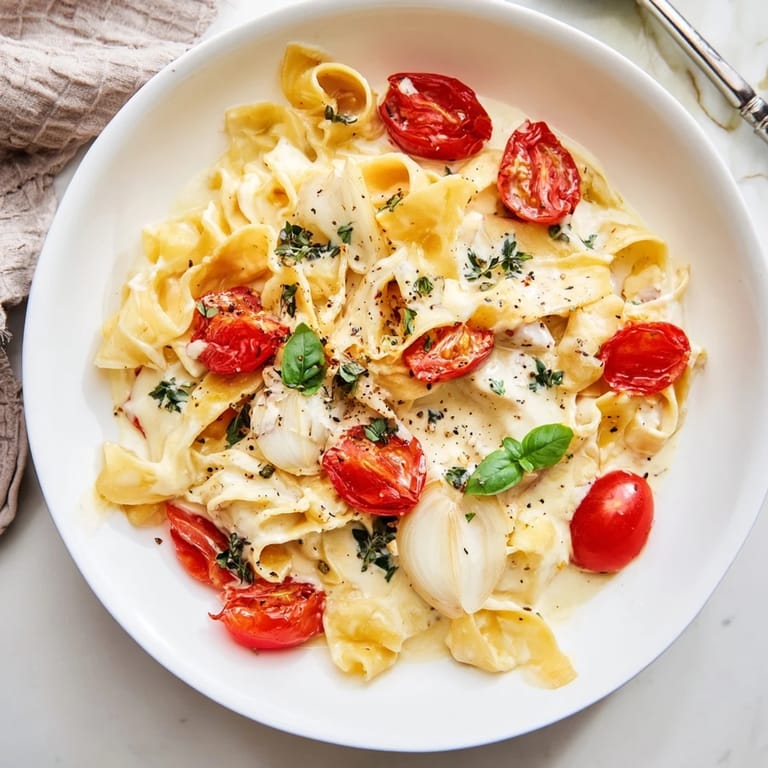 A close-up view of Baked Brie Pasta Sauce, showing glistening pasta and a luxurious, creamy coating.