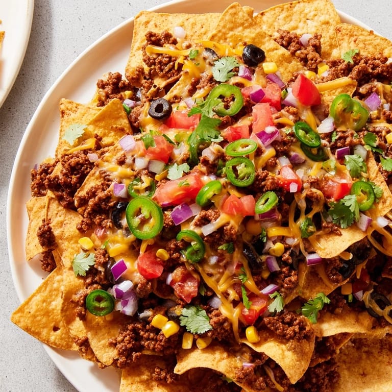 Golden, bubbling cheddar and Monterey Jack cover these sheet-pan nachos with seasoned beef and vegetables.