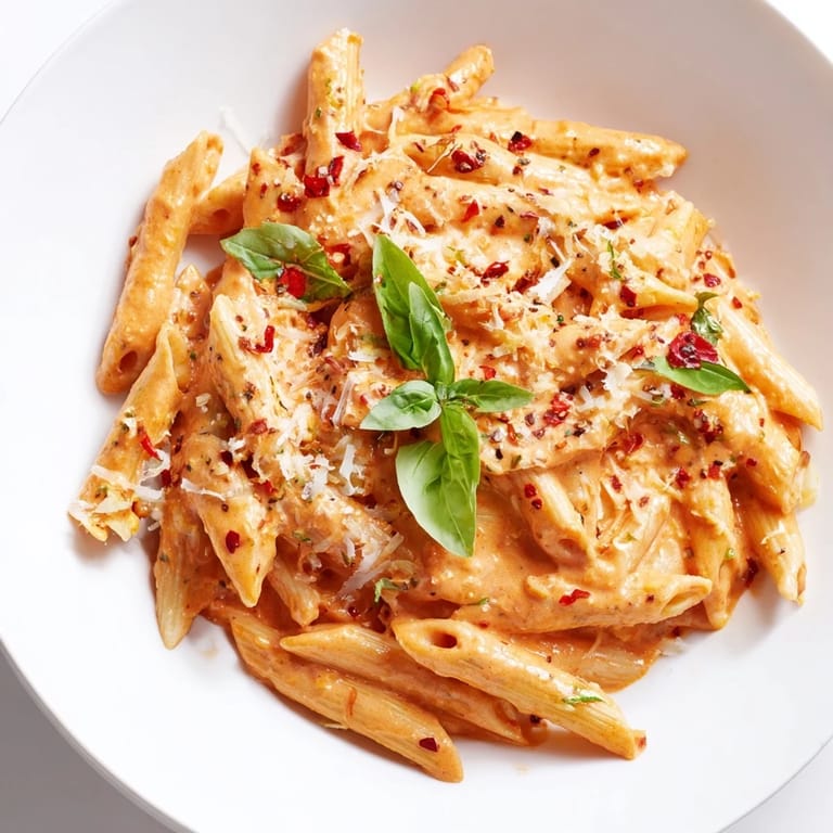 A close-up shot of the Basil Garlic One-Pot Creamy Tomato Pasta glistening with creamy tomato sauce.