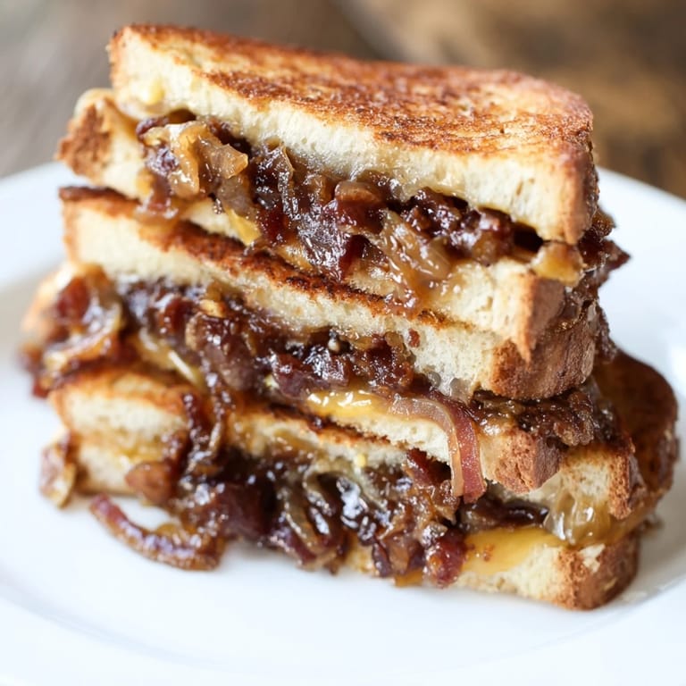 Close-up of a golden bacon jam grilled cheese, delicious comfort food delight.
