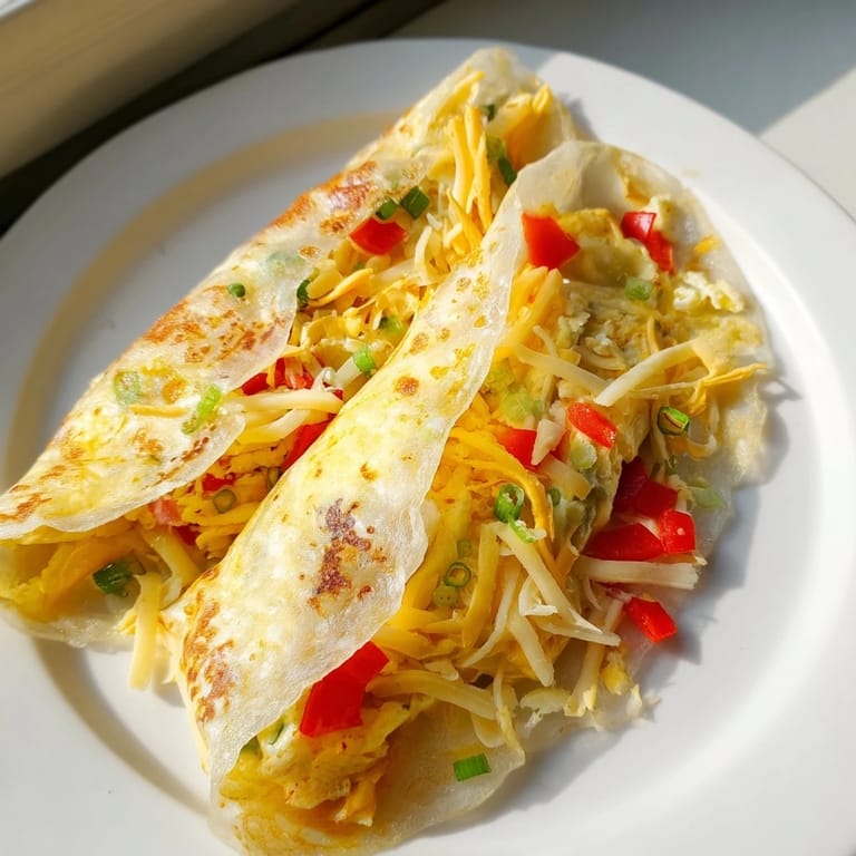 Enjoy a savory Rice Paper Egg Cheese Wrap, folded to reveal oozing cheese and a tender egg inside.