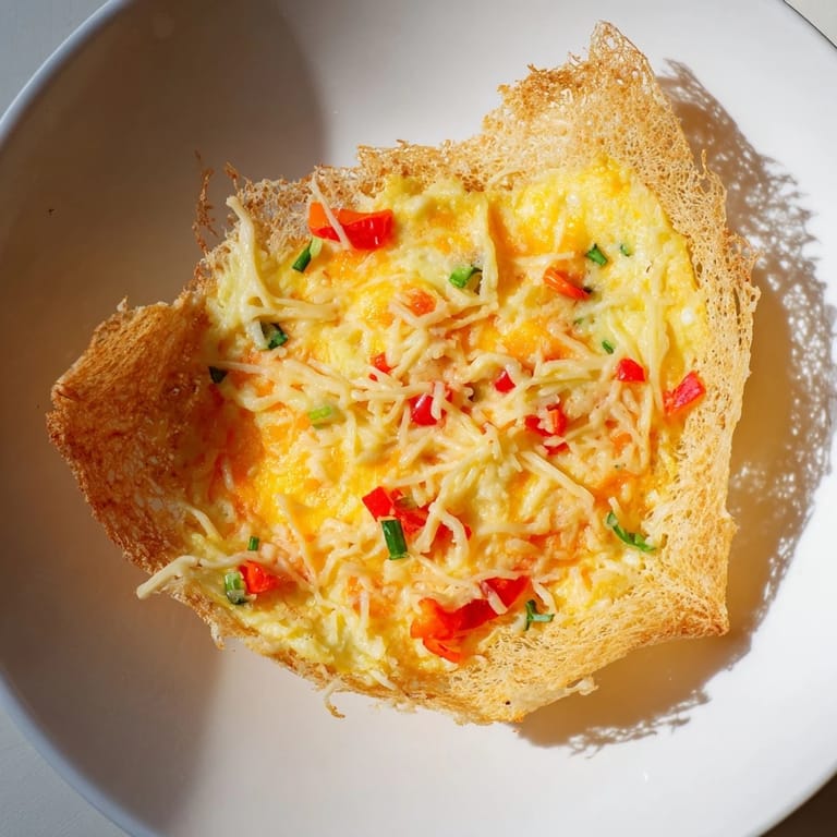 A close-up of a flavorful Rice Paper Egg Cheese Wrap showing the perfectly crisped rice paper exterior.