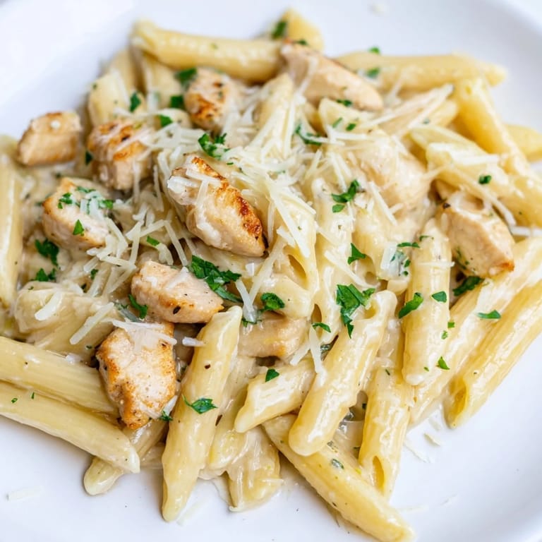 A close-up shot of steaming Quick Garlic Parmesan Chicken Pasta, a comforting weeknight Italian-American dinner.