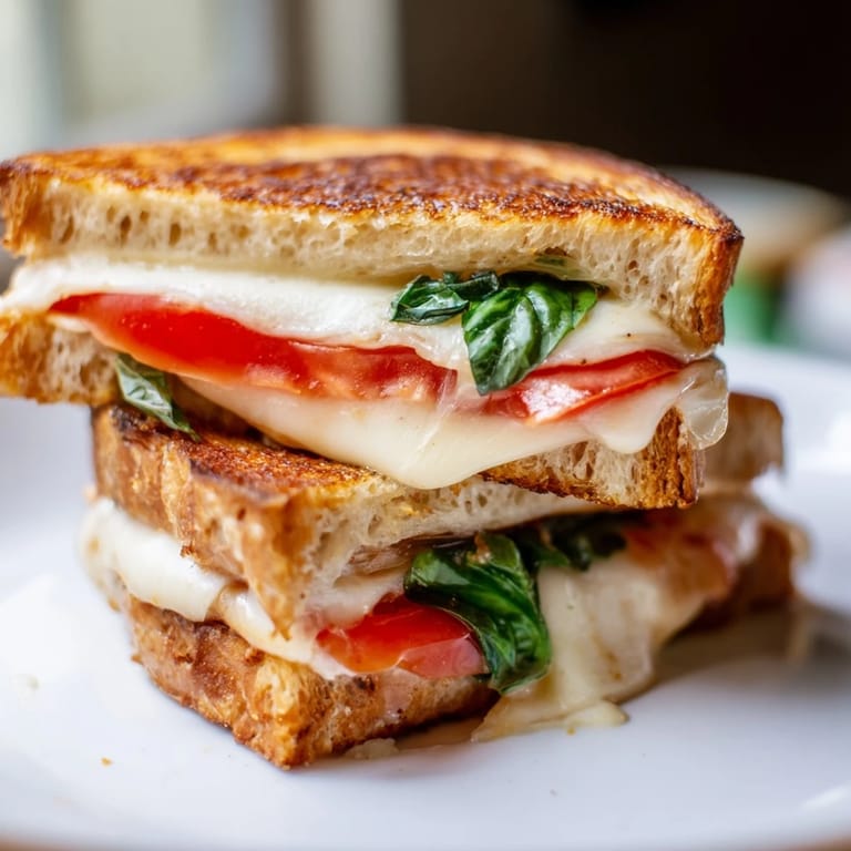 Fresh tomato and basil within a Tomato Basil Grilled Cheese, perfectly toasted and full of flavor.