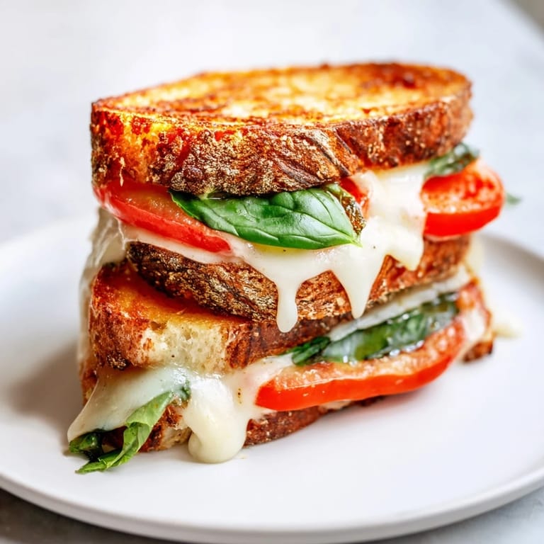 Crispy sourdough encases a gooey Tomato Basil Grilled Cheese, an American comfort food classic in the making.