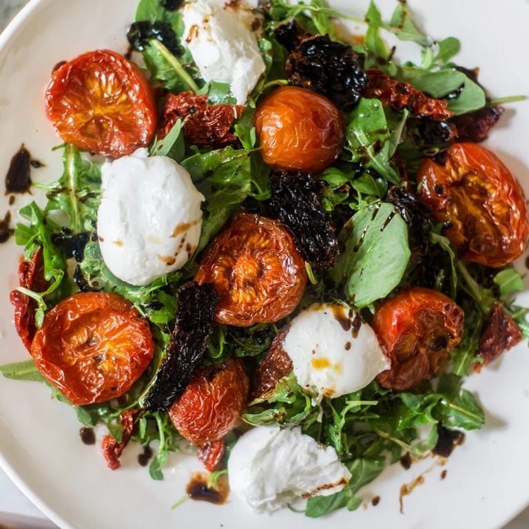Beautiful, appetizing Tomato Flight Salad, a light and flavorful starter with fresh, sun-dried tomatoes.