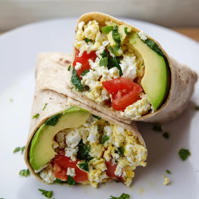 A close-up of a flavorful Feta Egg Wrap, filled with creamy feta and fresh garden ingredients.