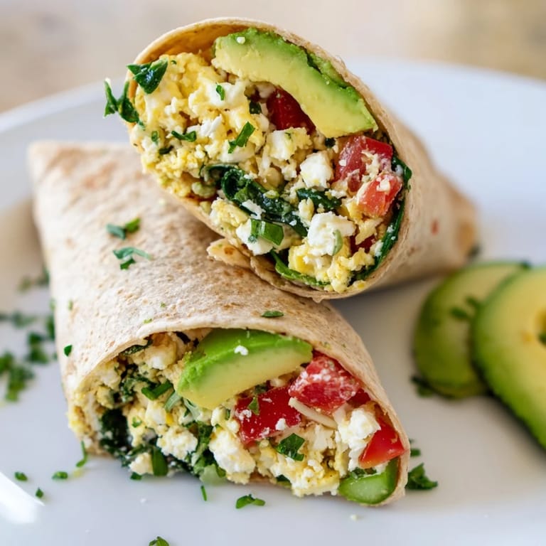 Perfectly rolled, delicious Feta Egg Wrap with a sprinkle of herbs ready for a satisfying breakfast.